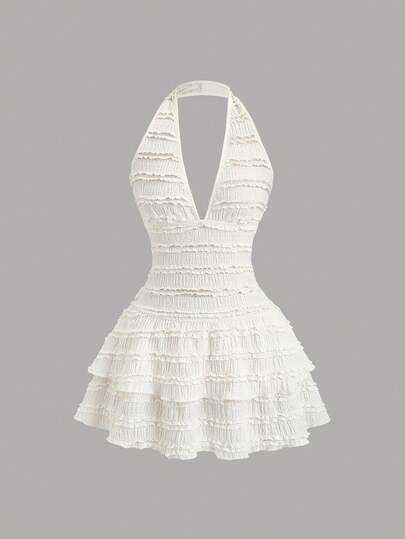 Sweetra Romantic Sweet Sexy Millennium Pure Cute Heiress Casual Girl Holiday Date Shopping Tea Break Dance Party Music Festival Deep V-Neck Cinched Waist Flattering Ruffle Textured Fabric A-Line Mini White Dress, Spring/Summer/Autumn/Winter