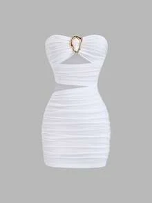 Sweetra Petite Đầm mini ôm sát dáng suông, màu trơn, gợi cảm, tối giản, thiết kế khóa kim loại rỗng, xếp ly dành cho nữ. - trắng - Xem 3