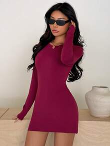 Flirla 女士酒红色情人节休闲性感露背蕾丝拼接蝴蝶结装饰长袖紧身连衣裙 - 酒紅色 - 查看 7