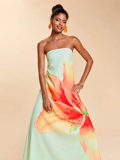 Travachic Women's Floral Print Elegant Strapless Vacation Dress