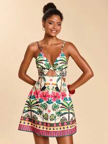 Travachic 女士镂空性感吊带热带植物印花度假连衣裙，适合狂欢节、春假、夏季、情人节、海滩、休闲度假、外出、夏季派对等场合。 - 彩色 - 查看 4