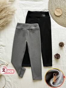 SHEIN Vintaside Kids 两件装女童打底裤，饰有心形刺绣图案，天鹅绒内衬，适合日常休闲穿着，秋冬季节适用。 - 黑色 - 查看 1