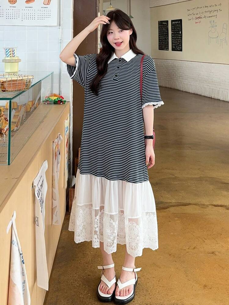 Women's Collared Striped Color Block Midi Dress, Korean Style, Spring/Summer Sundress