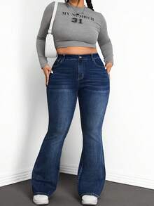 SHEIN Tall CURVE 大码高腰深蓝色修身喇叭牛仔裤 - 藍色 - 查看 5