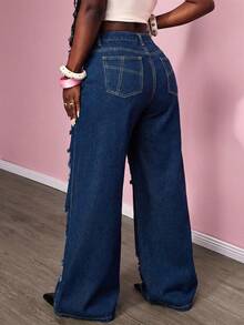Slaydiva Plus Size Loose Distressed Straight Leg Blue Jeans - Blue - View 3