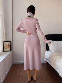 Women's Pink Ruched Floral Decor Long Nightgown - Dusty Pink - View 2