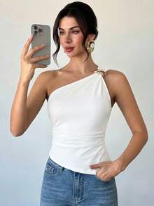 Firerie Women Elegant Summer Metallic Buckle Decor Asymmetric Neck Side Leather Pleat Office Lady Sleeveless Blouse, Women Fall Top One Shoulder Top Light Brown Top Nude Top Women Top Office Outfits For Women,Summer Top,Suitable For Vacation, Nightclub, Wedding Guest - White - View 3
