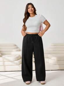 Solflare 大码女式休闲纯色抽绳腰阔腿裤，适合外出和通勤，秋冬季百搭单品 - 黑色 - 查看 5