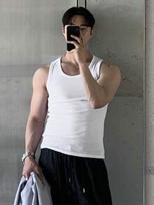 DAZY Men's Slim Fit Solid White Tank Top, Summer - White - View 7