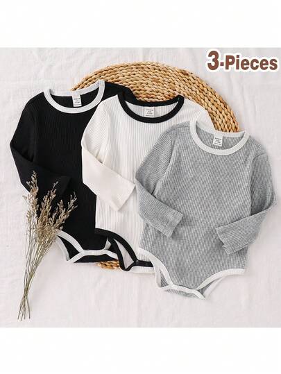 Loomiva 3pcs/Set Baby Boy Casual Comfortable Versatile Round Neck Long Sleeve Bodysuit Outfit, Neutral Color Infant Bodysuit Set, Newborn Baby Boy Autumn Clothing 3-Piece, Unisex Infant Ribbed Bodysuit