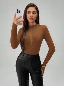 SHEIN Tall Women's Fashion Sheer Mesh Patchwork Long Sleeve Bodysuits - Khaki - View 6