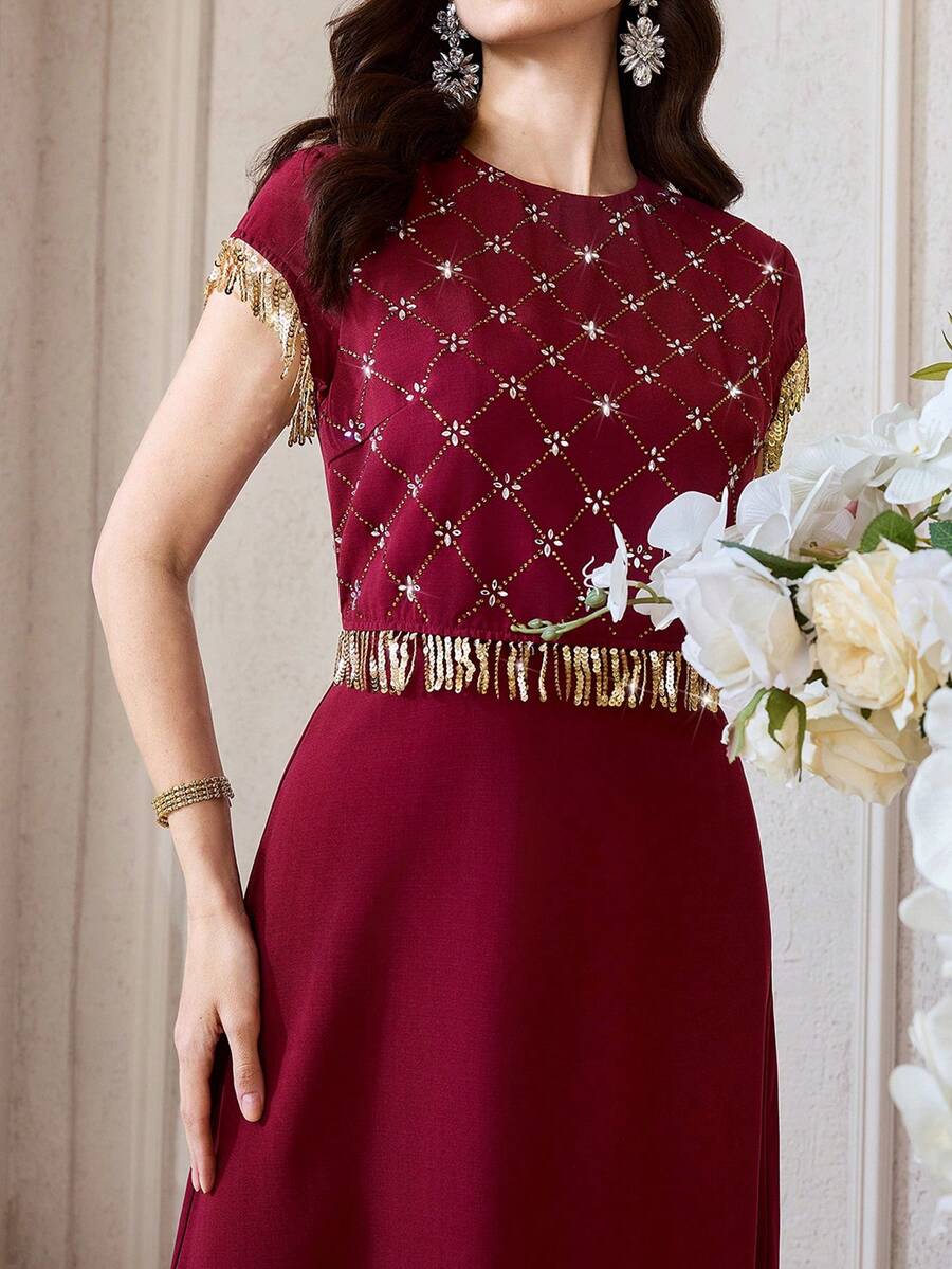 Al Najma Elegant Rhinestone Embellished Women's Arabic Style Dress - Burgundy - View 1