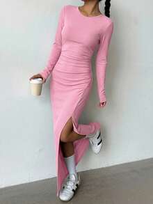 SHEIN Teen Girls' Pink Knit Slit Dress, Fashionable & Versatile For Everyday Wear - Pink - View 4