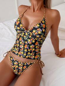SHEIN Swim 柠檬印花沙滩度假条纹抽绳吊带背心和比基尼套装（2件套） - 彩色 - 查看 3