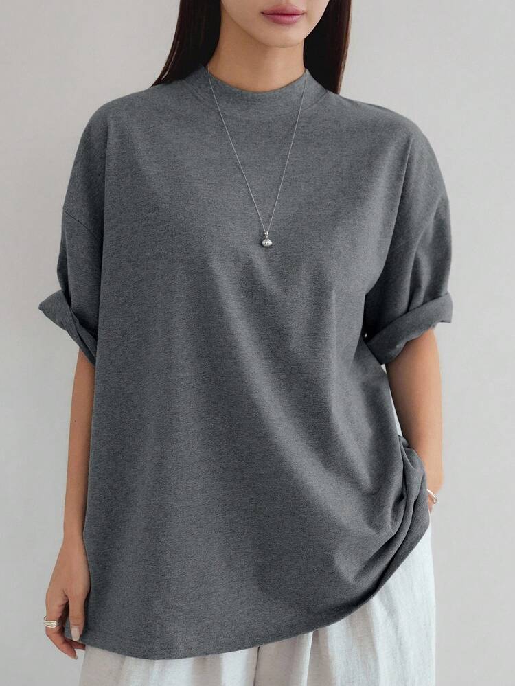 Grey Loose Casual Business Style Fashion Office Wear Short Sleeve T-Shirt For Women, Spring/Summer