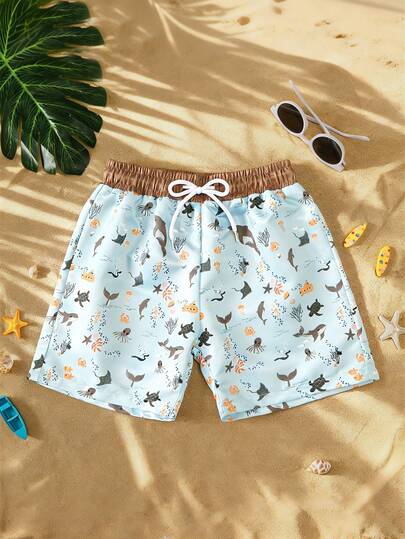 SHEIN Pantalones cortos de playa informales con estampado de criaturas marinas y cintura con cordón para niño