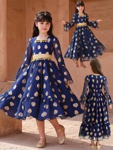 Girls' Long Foil Print Dress, Navy Blue, Spring/Summer - Navy Blue - View 3