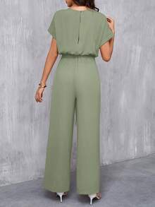SHEIN Clasi Women's Elegant Round Neck Jumpsuit With Waist Belt And Wide Leg - Mint Green - View 2