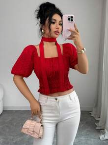 Selianne Damen elegante Bluse mit quadratischem Kragen, Sommer - Rot - Übersicht 3