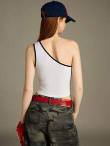 Elnivra Áo tank top nữ màu trắng lệch vai viền đen, áo vest mùa hè dễ thương, trang phục đi biển. - Đen và trắng - Xem 2