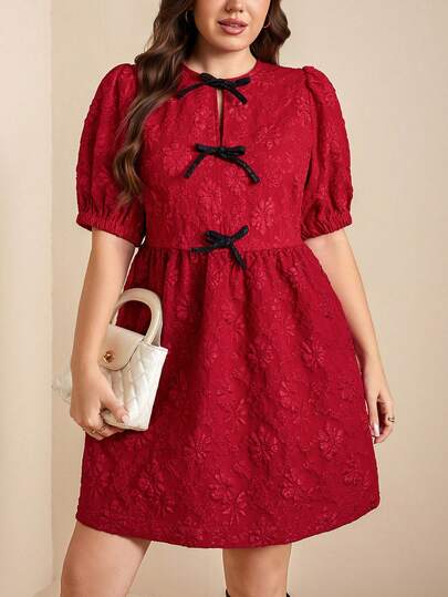 Comfylo Plus Size Women's Elegant Ruched Jacquard Bow Cocktail Party Dress Red Dress Red Dresses For Women Red Dress Women Valentine's Day Valentine Outfits For Women Valentines New Year Outfit  New Year's Eve Spring Outfit Women Spring Break Outfits Spring Dress Women