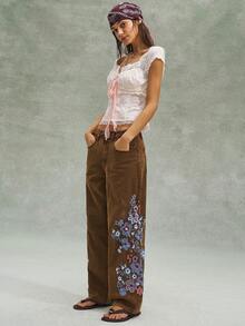 Bohemela Boho Brown Casual Vacation Embroidered Women Pants - Mocha Brown - View 7