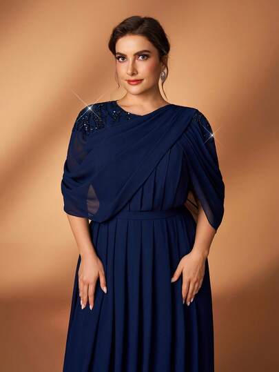 Serin Plus Size Elegant Luxurious Navy Blue Beaded & Sequin Floral Patchwork Chiffon Sleeve Bow Tie Maxi Dress, Suitable For Wedding, Party, Vacation, Prom, Mother Of The Bride Evening Gown Navy Blue Plus Size Dress Plus Size Evening Gown