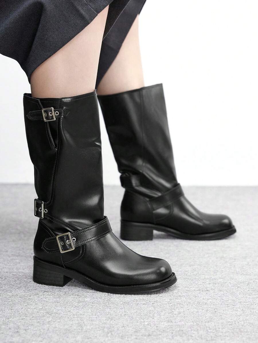 CUCCOO BIZCHIC 女士时尚百搭通勤搭扣中筒靴 - 黑色 - 查看 1