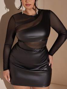 SHEIN BAE Mono de manga larga con parches de PU negro para mujer de talla grande, otoño/invierno - Negro - Ver 6