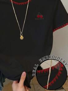 Resyla 女士休闲樱桃刺绣罗纹饰边圆领短袖T恤，夏季 - 黑色 - 查看 3