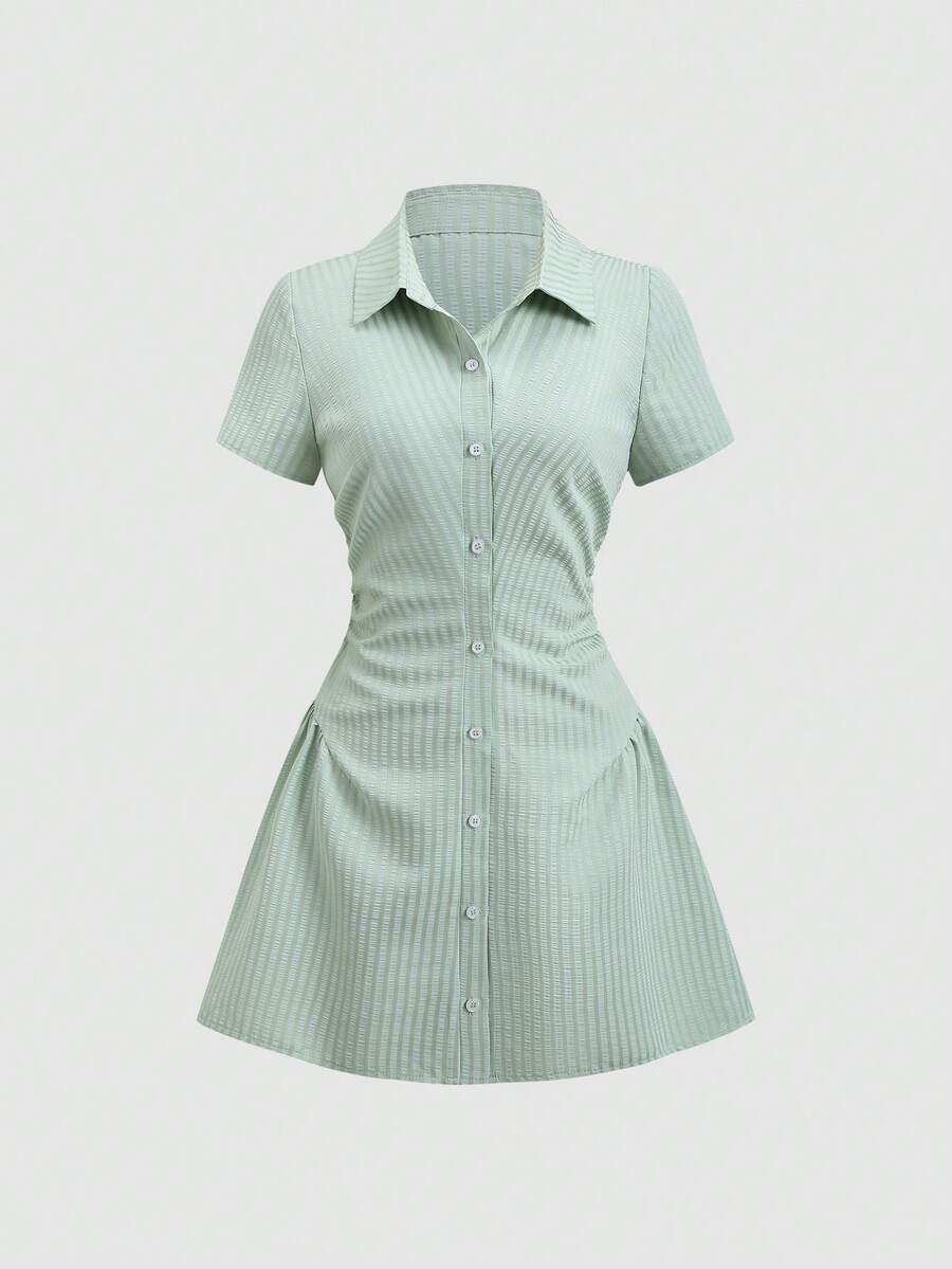 Sweetra 甜美清新粉色短袖衬衫裙，收腰显瘦，夏季时尚衬衫裙 - 薄荷綠 - 查看 1