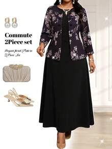 Fleurora 春夏秋冬休闲优雅圆领喇叭腰带纽扣中长长袖休闲优雅黑色连衣裙职业装棕色半身裙黑色半身裙女装套装 - 黑色 - 查看 5