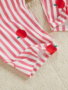 少女条纹苹果领开衫和裤子睡衣套装，条纹睡衣套装，纽扣睡衣套装，两件套睡衣套装 - 粉色 - 查看 5