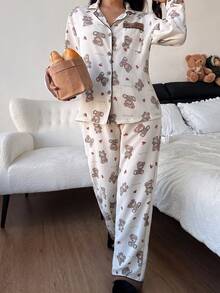 Dream Adore Brown Bear Heart Print Contrast Color Trim Cardigan & Pants Cute Casual Pajama Set For Women Valentine's Day Teddy Bear Pajama Set - Apricot - View 3