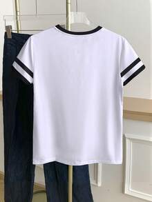 Franclia Áo thun ngắn tay nữ kiểu dáng thể thao thường ngày, phối sọc tương phản, in hình người lái xe, thích hợp mặc đi làm, mùa hè. - trắng - Xem 2