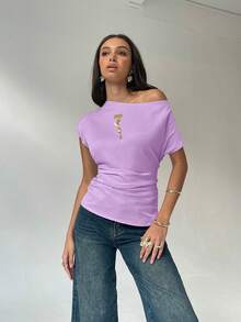 Aloruh 女士夏季时尚休闲通勤简约纯色不对称领荷叶边修身衬衫 - 紫色 - 查看 5