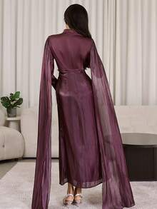 Modelyn 女士纯色网纱拼接立领优雅阿拉伯连衣裙 - 紅木色 - 查看 9