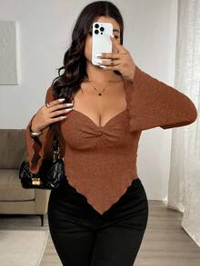 Vionelle 大码女式休闲度假风纯色心形领喇叭袖扭结前襟不对称下摆修身T恤，春秋季 - 橘色 - 查看 3