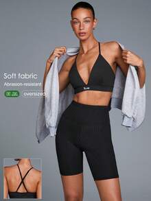 Menodora SHEIN Sport Women's V-Neck Sports Bra Tank Top,Black,Summer,Athleisure,Gym Deep Plunge Adjustable Straps Stretchy Moisture-Wicking Yoga Workout Running Activewear - Black - View 9