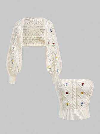 Kawaii 2 Stück/Set süßer rosa bestickter Bindebanddekor weicher Strickpullover Set - Bandeau-Top + kurze Strickjacke, Weihnachten & Neujahr