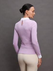Activina Women's Contrast Color Minimalist Equestrian Long Sleeve Top, Everyday Wear Ralphlauren  Knitted Fabric - Purple - View 2