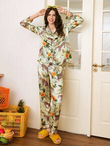 Chillnights 年轻休闲时尚INS风植物豹纹绿色开衫长袖长裤女式睡衣套装 - 綠色 - 查看 6