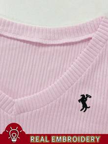 SHEIN Embroidered V-Neck Fitted Long Sleeve Women T-Shirt - Baby Pink - View 4