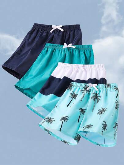 SHEIN 4pcs/Set Tween Boy Summer Shorts, Buy 2 Get 2 Free - Mint Green Beach Shorts, Blue Beach Shorts, Green Beach Shorts, Palm Tree Print Beach Shorts, Suitable For Spring/Summer, Outings, Valentine's Day, Dates, Travel, Vacation, Family Gatherings, Back To School, Sports, Birthday Parties