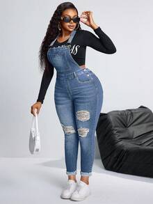 SHEIN SXY Mono vaquero pitillo desgastado de talla grande para mujer - Lavado ligero - Ver 2
