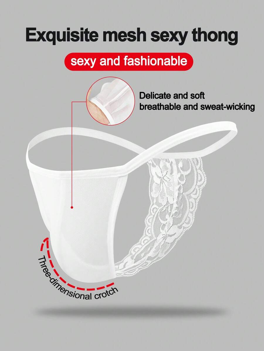 1pc Men's Sexy Lingerie, Black Mesh Hollow-Out Lace Trim Waist Underwear - White - View 1