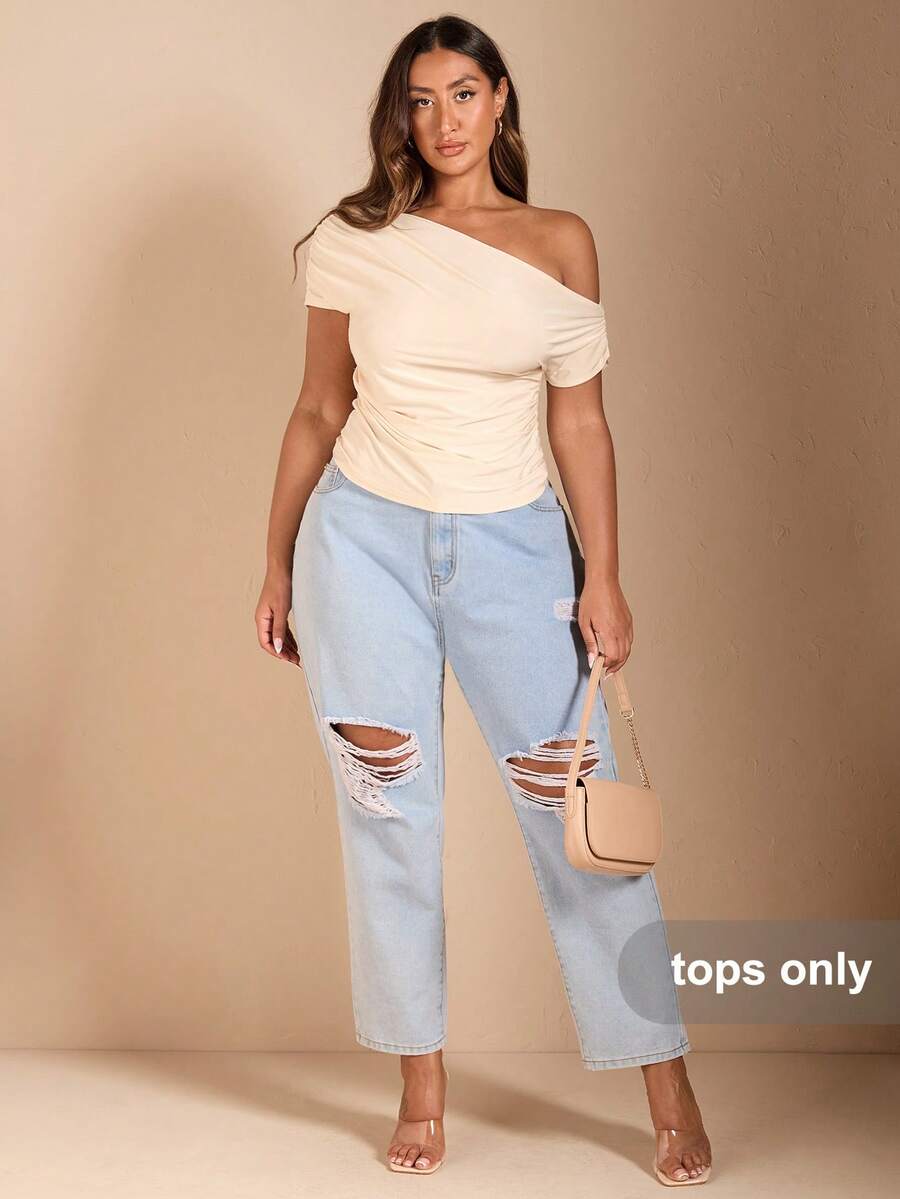 SHEIN BAE Plus Size Women's Off-Shoulder Black Short Sleeve T-Shirt - Apricot - View 1