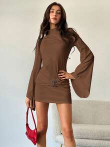 Aloruh Đầm ngắn ôm sát cơ thể tay loe, cổ đứng, trang trí kim loại dành cho nữ - màu nâu - Xem 5