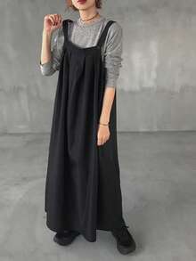 FRIFUL Women's Pleated Solid Color Maxi Pinafore Dress Sundress - Black - View 6