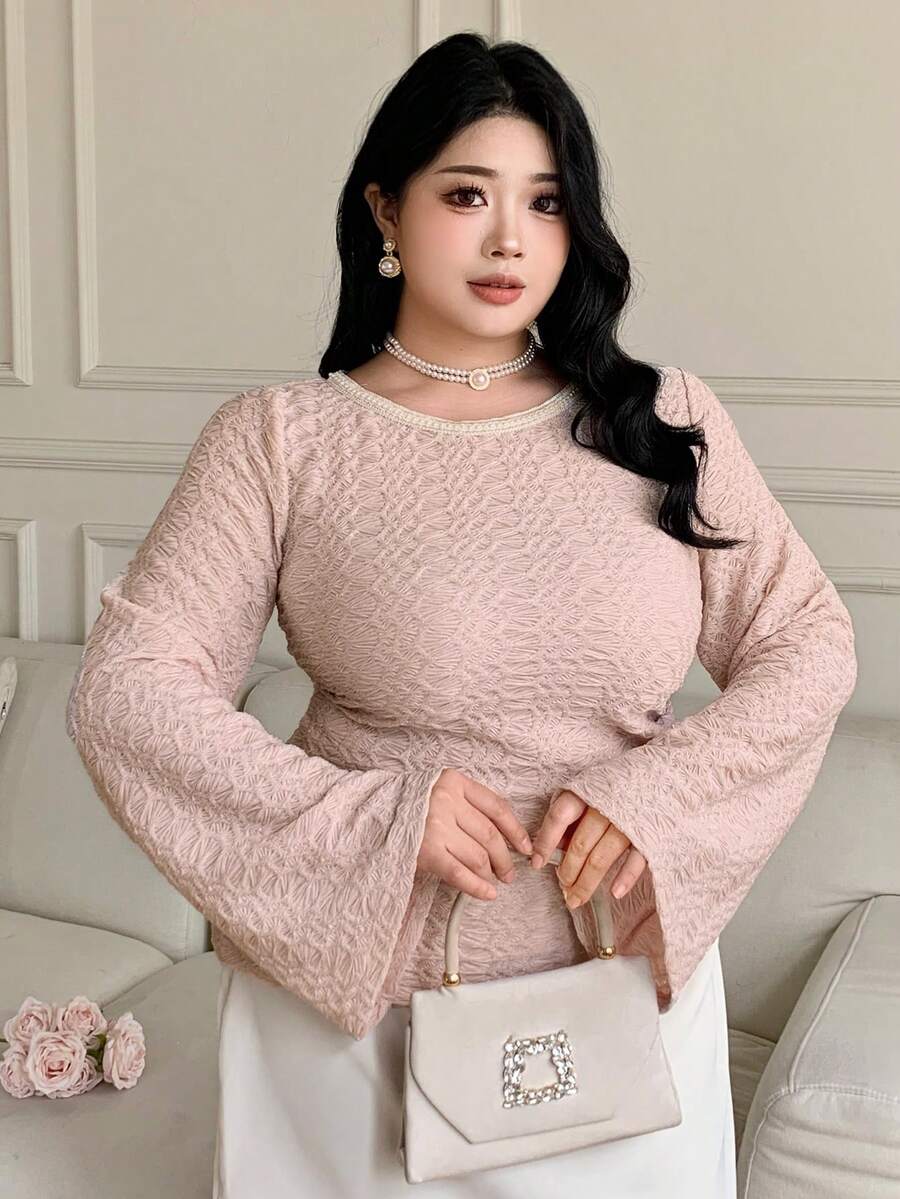 Dazy Plus Valentine Elastic Lace Tight Fitting Sexy Minimalist Long Sleeve Blouse For Women - Pink - View 1